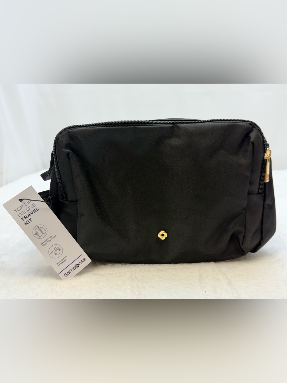 Samsonite Black Travel Toiletry Kit Top Zip Deluxe with Gold Accent